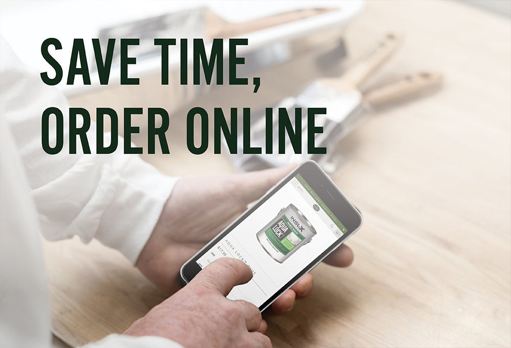 A contractor ordering AquaLock Primer on their phone, using the John Boyle Decorating mobile website, with overlay text saying