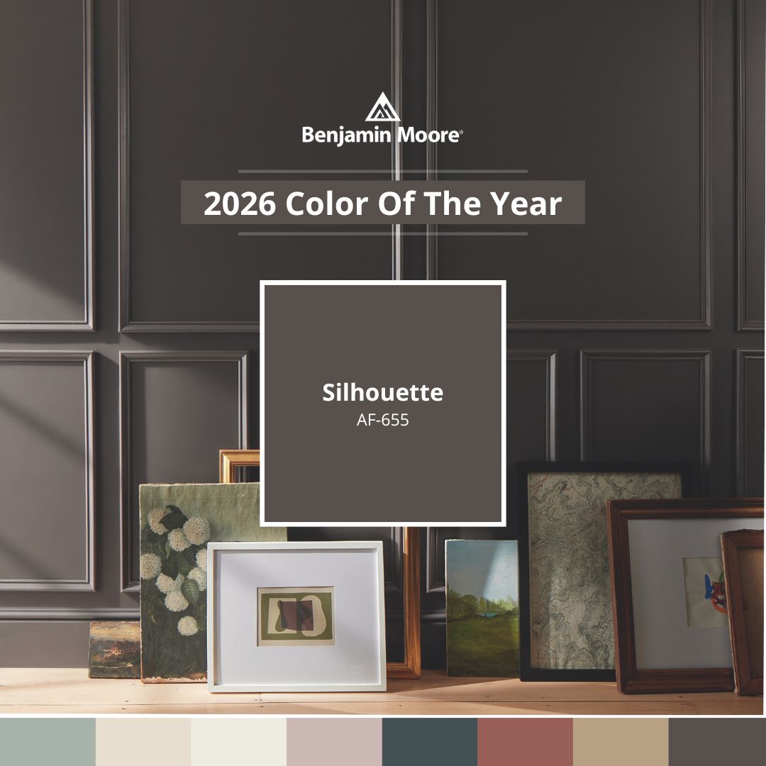 Framed artworks on a wooden surface against a dark paneled wall. Benjamin Moore 2026 Color of the year Silhouette AF-655