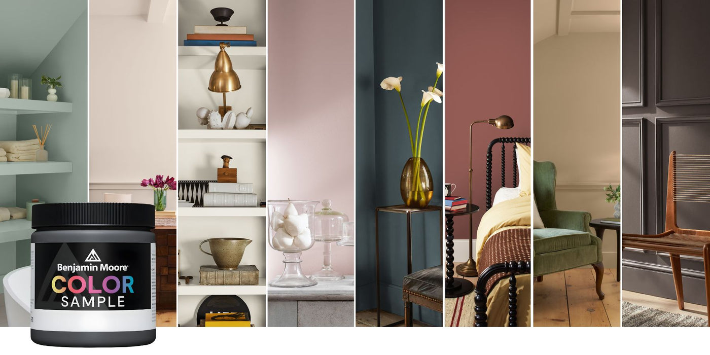 Collage of interior design elements and rooms showcasing colors from the Benjamin Moore 2026 Color Trends Palette.