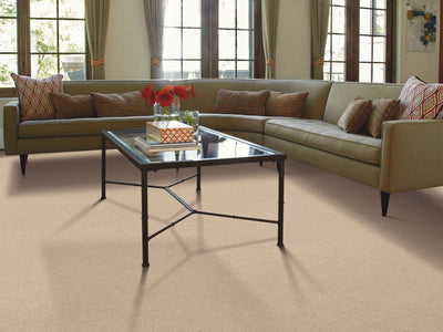 Town Creek Ii Residential Carpet by Shaw Floors in the color Fresco. Image of beiges carpet in a room.