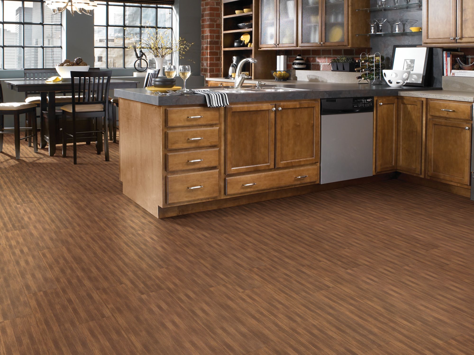 Personality 20 Vinyl Residential by Shaw Floors in the color Cafe flooring in a home, showing the finished look.