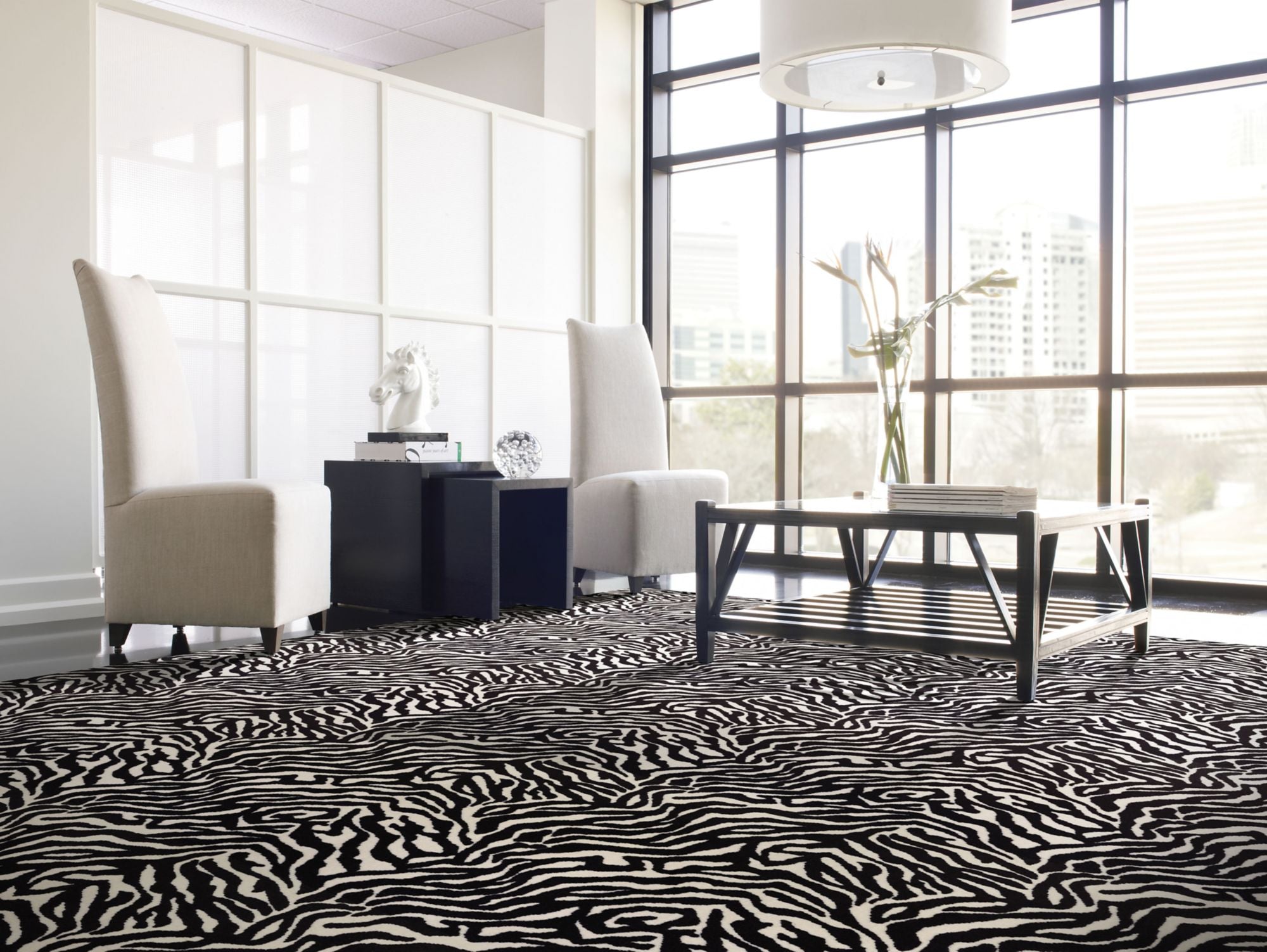 Zebra Commercial Carpet by Philadelphia Commercial in the color Migrant Beauty. Image of grays carpet in a room.