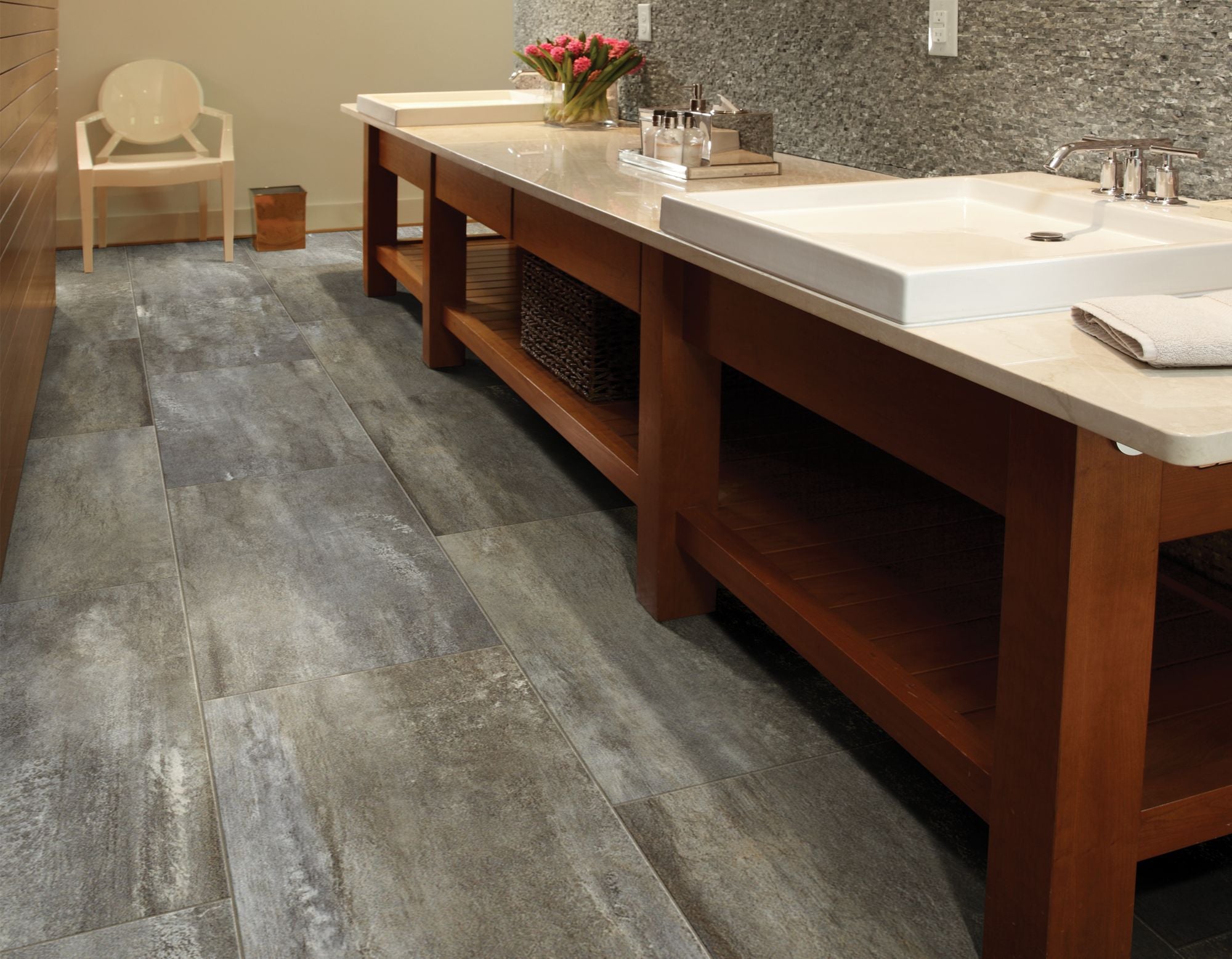 Stone Effects Vinyl Commercial by Shaw Floors in the color Timeless Grey flooring in a home, showing the finished look.