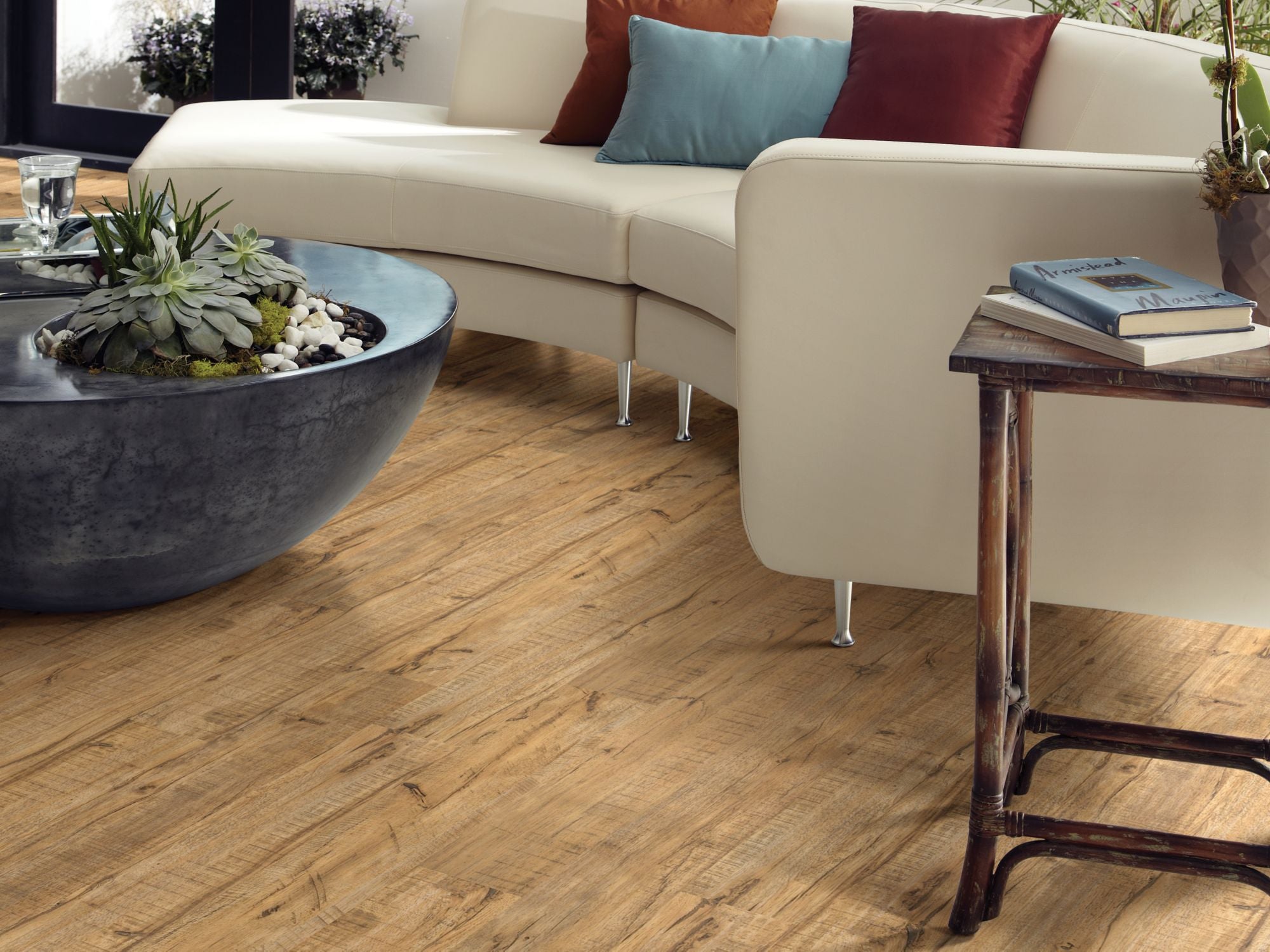 Wood Mix Vinyl Commercial by Shaw Floors in the color Maple flooring in a home, showing the finished look.