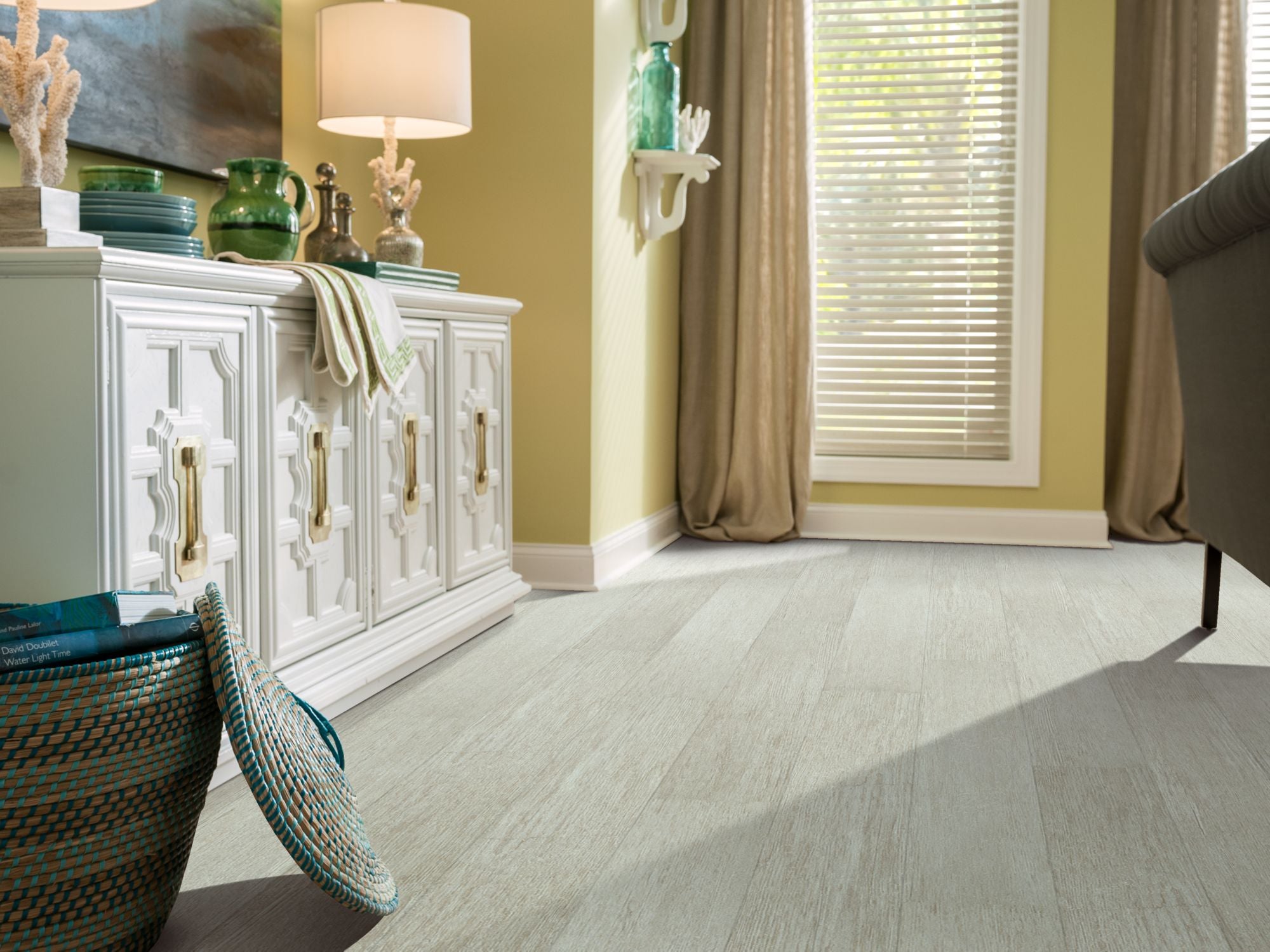 In The Grain Vinyl Commercial by Shaw Floors in the color Rye flooring in a home, showing the finished look.