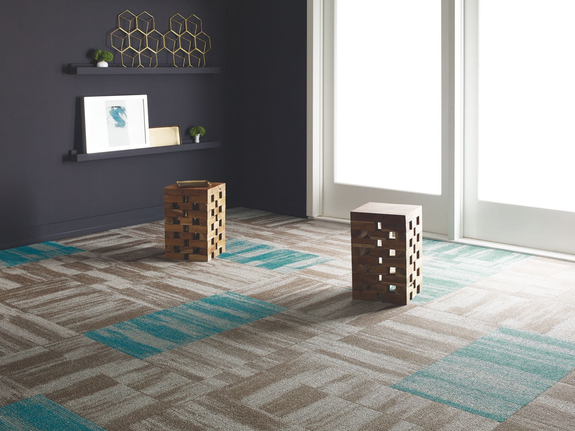 Ridges Commercial Carpet by Philadelphia Commercial in the color Amazonite. Image of blues carpet in a room.