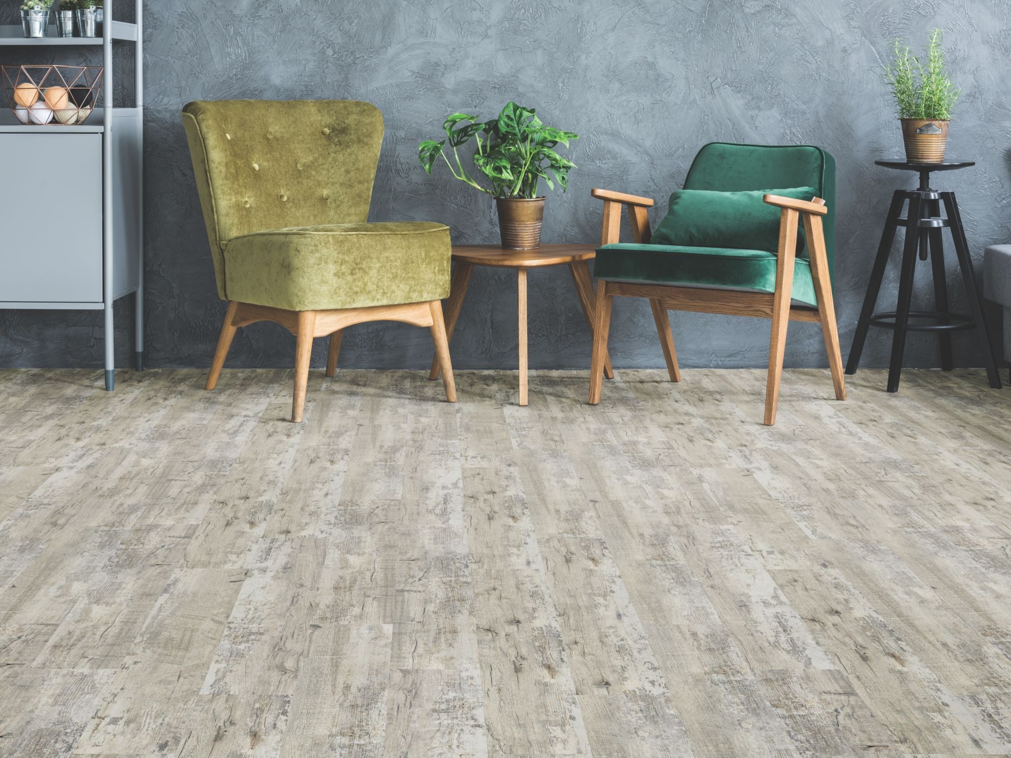 Transcend Vinyl Residential by Shaw Floors in the color Dorian Gray flooring in a home, showing the finished look.