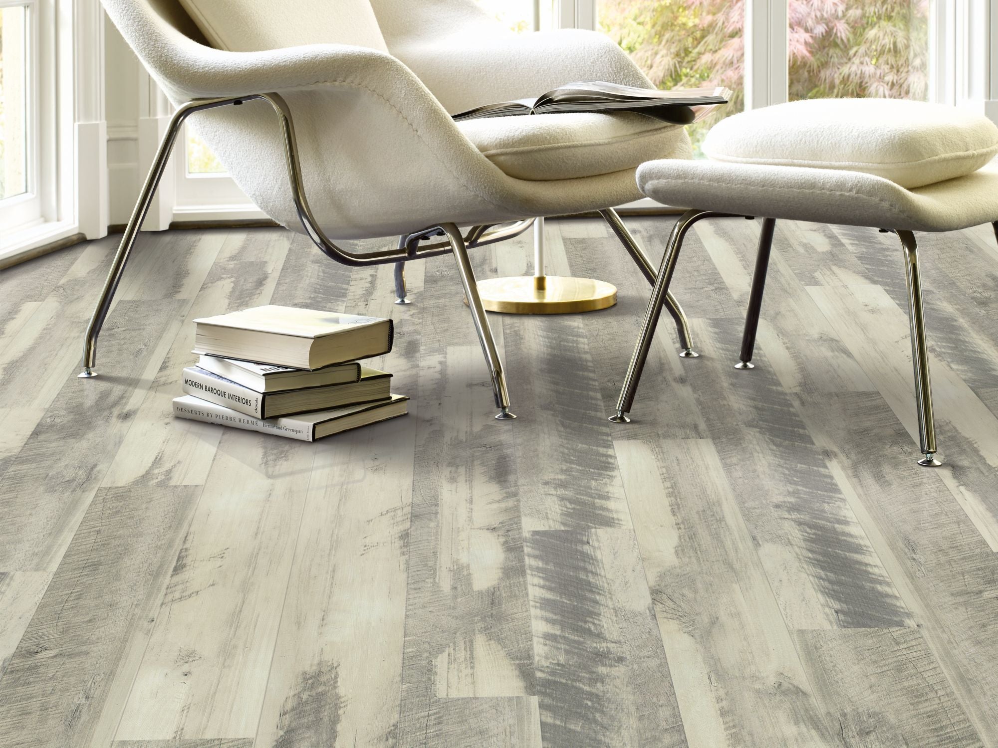 Transcend Vinyl Residential by Shaw Floors in the color Functional Gray flooring in a home, showing the finished look.