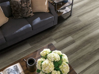 Transcend Vinyl Residential by Shaw Floors in the color Cityscape flooring in a home, showing the finished look.