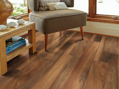 Transcend Vinyl Residential by Shaw Floors in the color Leather Bond flooring in a home, showing the finished look.