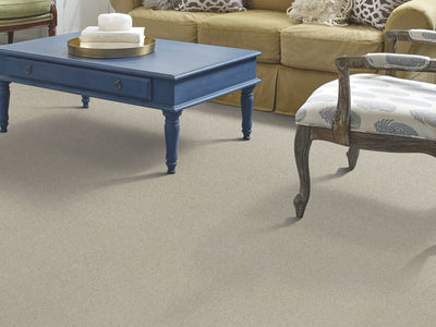 Montage I Residential Carpet by Shaw Floors in the color Sculptor Clay. Image of beiges carpet in a room.