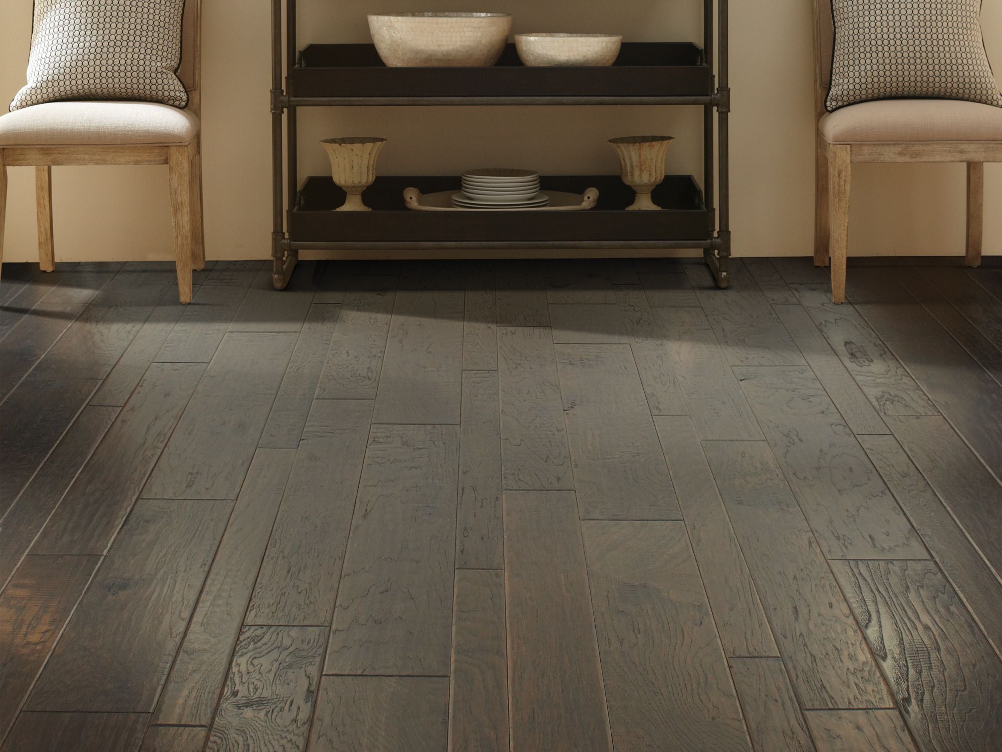Palo Duro Mixed Width Anderson Hardwood in the color pewter by Shaw flooring in a home, showing the finished look.