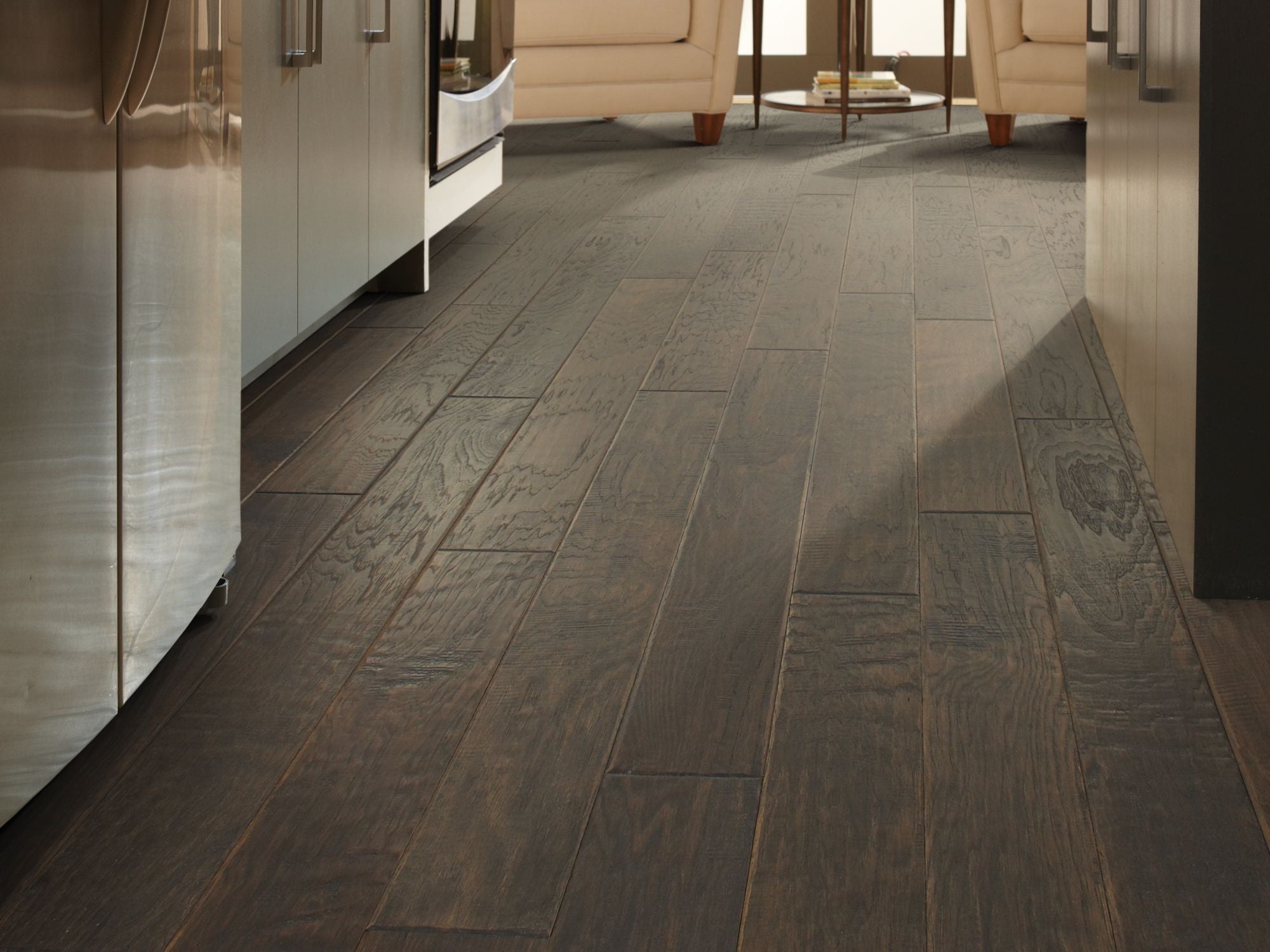 Palo Duro 5" Anderson Hardwood in the color pewter by Shaw flooring in a home, showing the finished look.