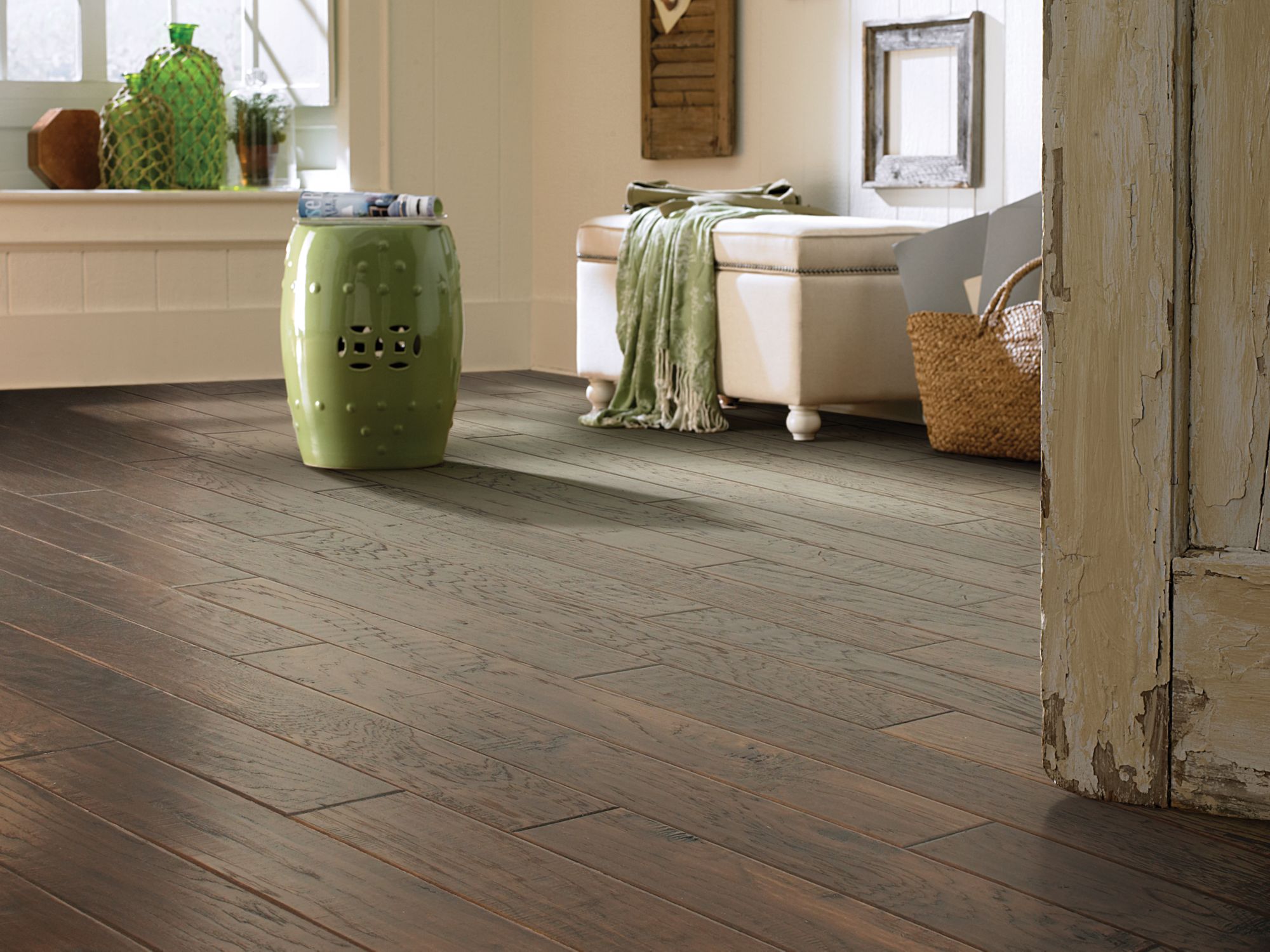 Palo Duro 5" Anderson Hardwood in the color ringing anvil by Shaw flooring in a home, showing the finished look.