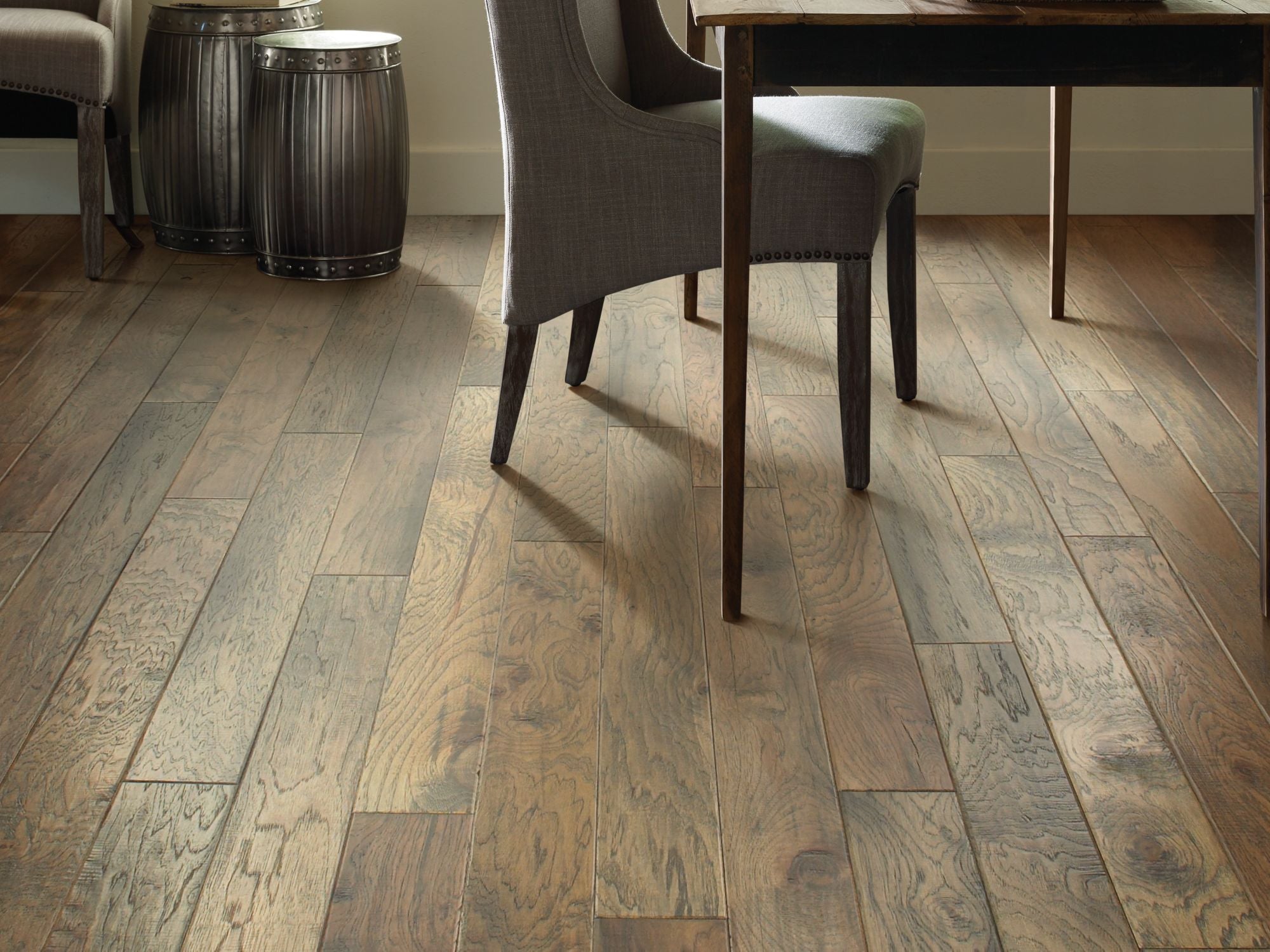 Bernina Hickory Anderson Hardwood in the color cambrena by Shaw flooring in a home, showing the finished look.