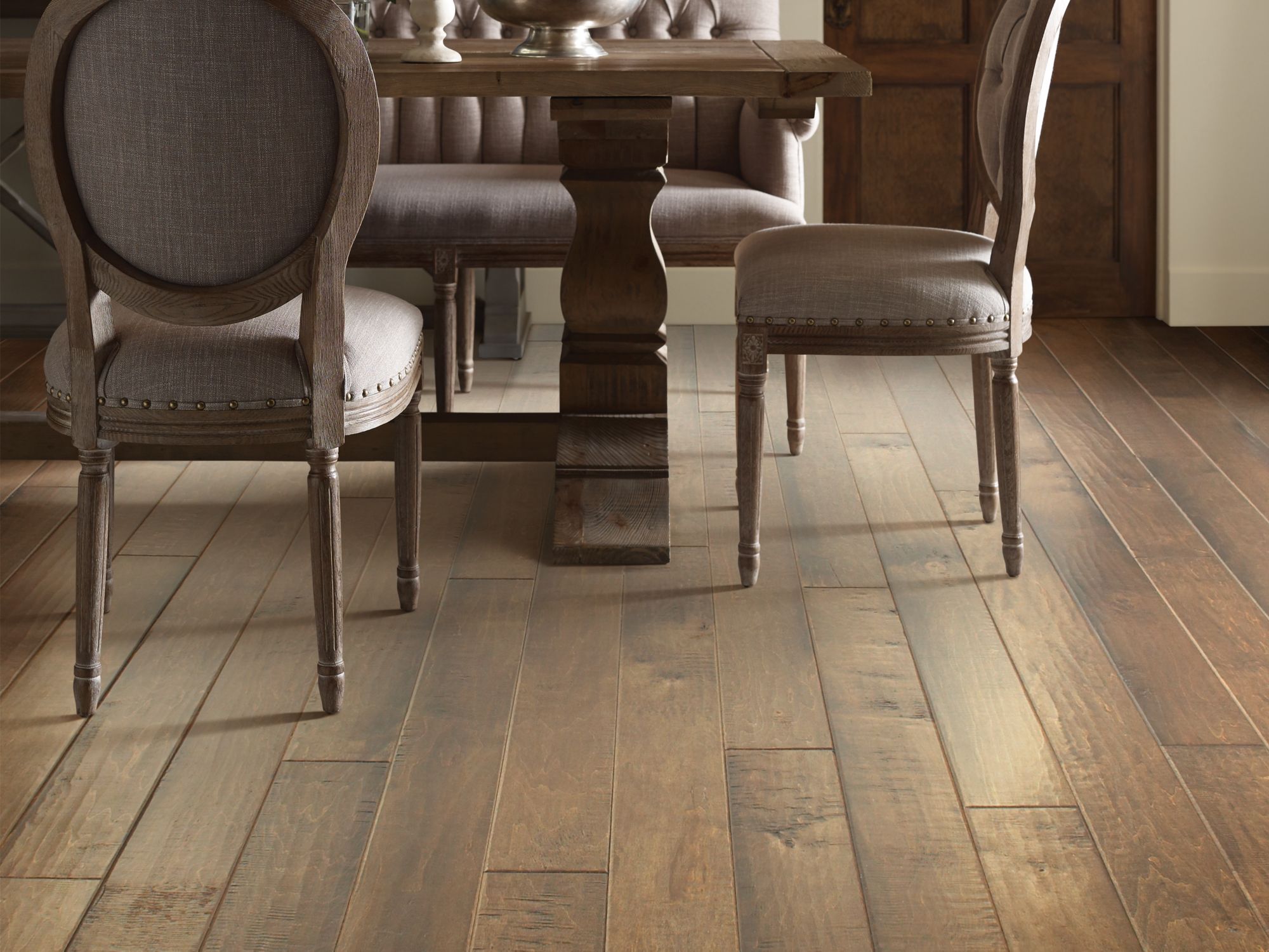 Bernina Maple Anderson Hardwood in the color castello by Shaw flooring in a home, showing the finished look.