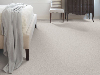 Just A Hint Ii Residential Carpet by Shaw Floors in the color Nickel. Image of grays carpet in a room.