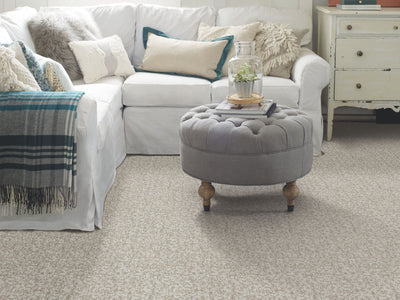 Make Your Mark Residential Carpet by Shaw Floors in the color Snow Fall. Image of beiges carpet in a room.