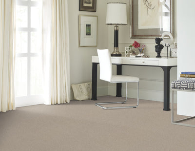 Keen Senses Ii Residential Carpet by Shaw Floors in the color Mindful. Image of beiges carpet in a room.