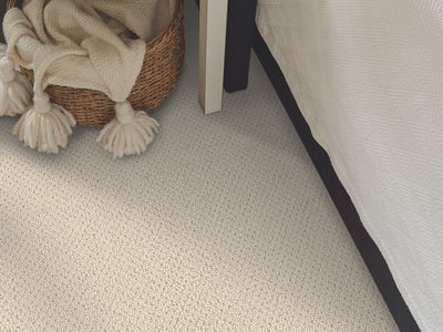 Smart Thinking Residential Carpet by Shaw Floors in the color Alabaster. Image of beiges carpet in a room.