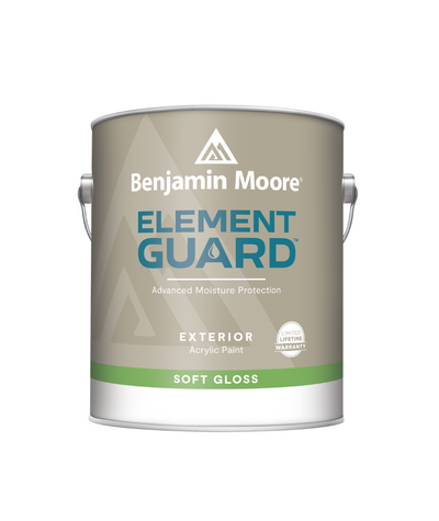 Benjamin Moore's Element Guard Exterior Soft Gloss Paint with Advanced Moisture Protection. Available at John Boyle Decoarting Company in Connecticut.