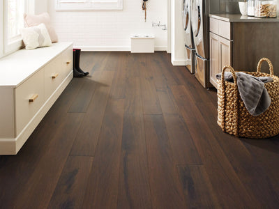 Exquisite Floorte Hardwood in the color rich walnut by Shaw flooring in a home, showing the finished look.