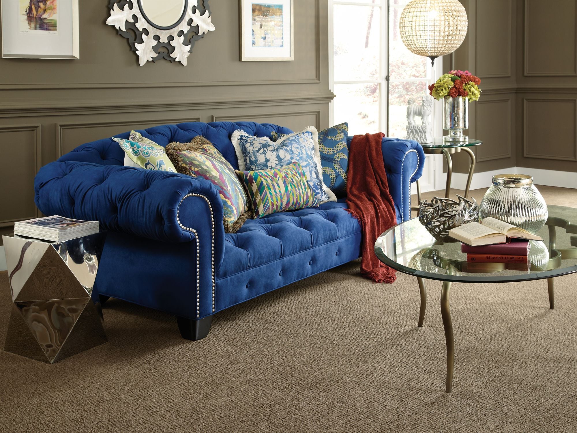 Vibe Residential Carpet by Anderson Tuftex in the color Timberline. Image of browns carpet in a room.